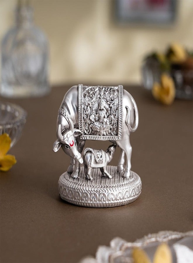 Svastika Silver-Plated Kamdhenu Cow with Calf Idol | Auspicious Vastu Remedy for Wealth & Prosperity for Weddings & Housewarming (2.5 Inch) - Image 1
